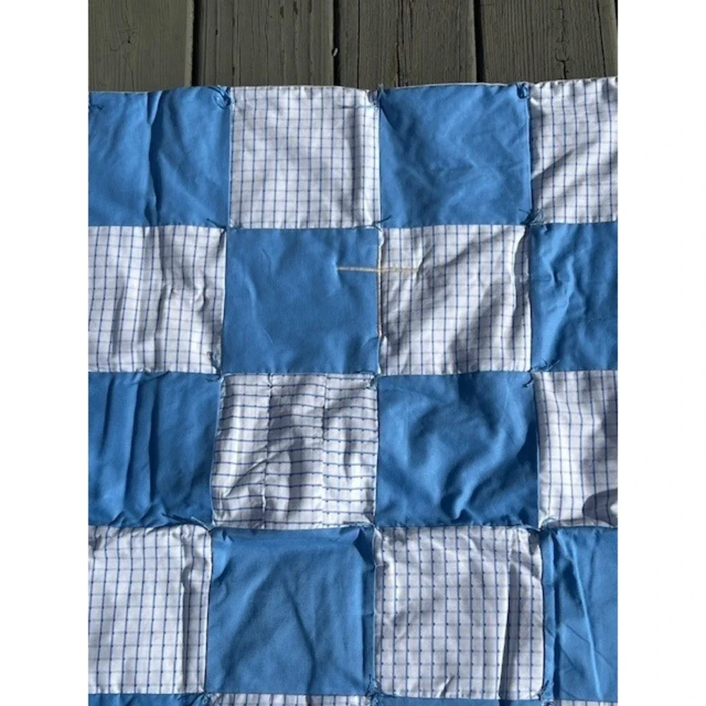 Handmade Blue White Checkerboard Patchwork Quilt Hand Tied Rustic Lap Blanket